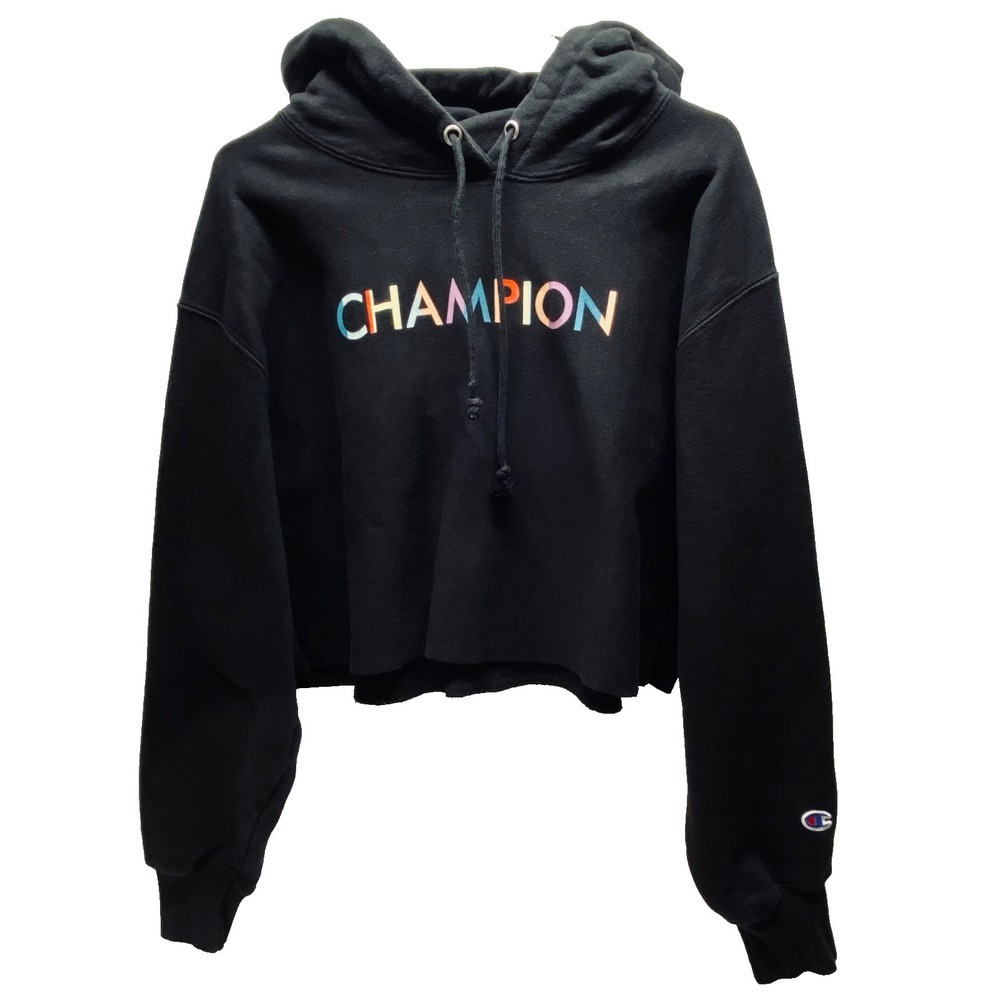 Champion Reverse Weave Cropped Hoodie Women's‎ XL Black Rainbow Logo Activewear